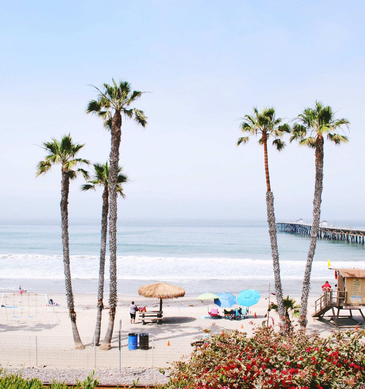 A beach scene with tall palm trees, a sandy shore, people under umbrellas, a pier extending into the ocean, and a lifeguard tower.