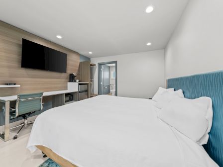 A bright hotel room with a large bed, blue headboard, desk and chair, wall TV, and a bathroom door in view.
