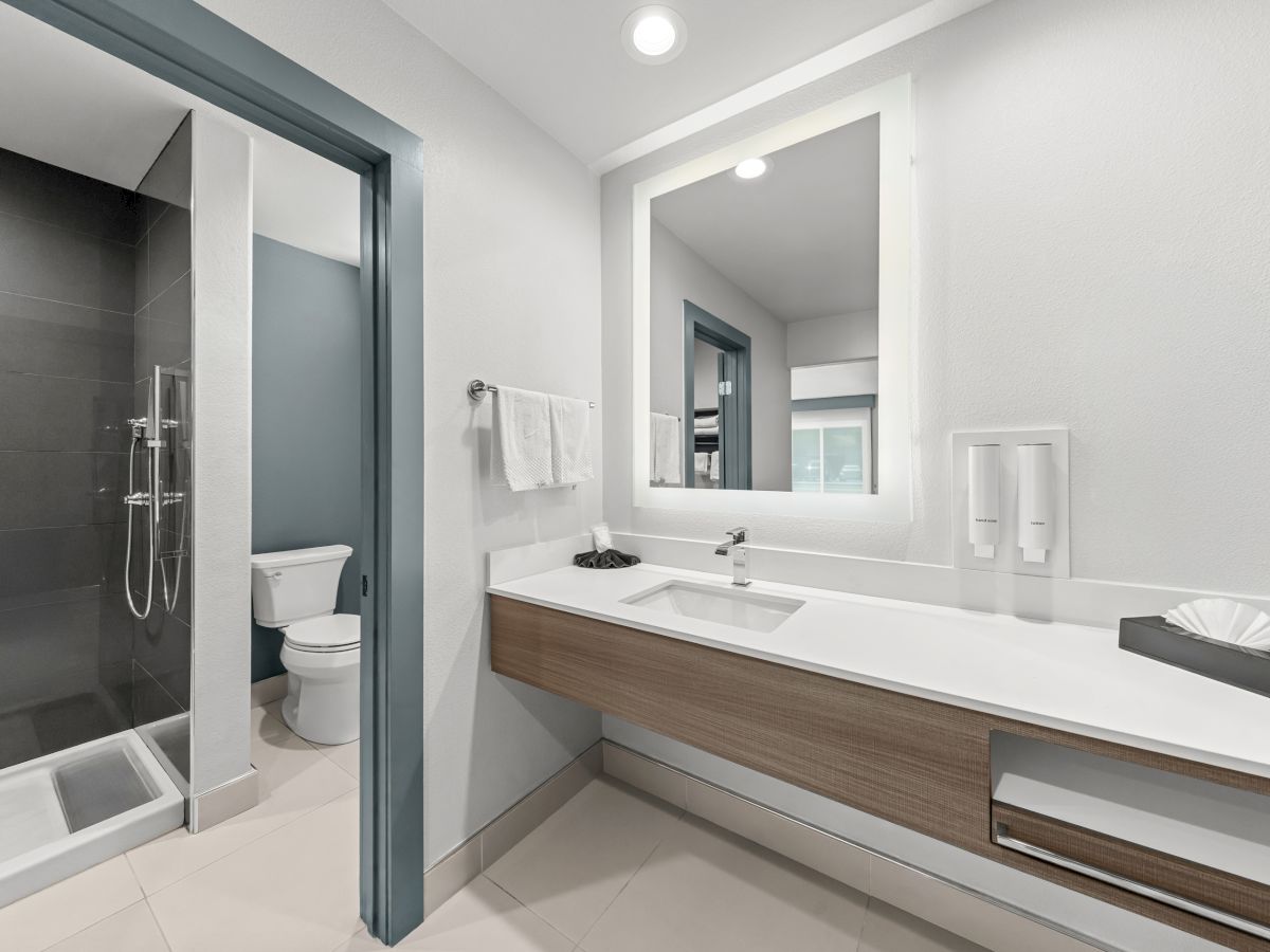 A modern bathroom with a glass shower, toilet, and a white double sink vanity under bright ceiling lights, all in a clean minimalist design.